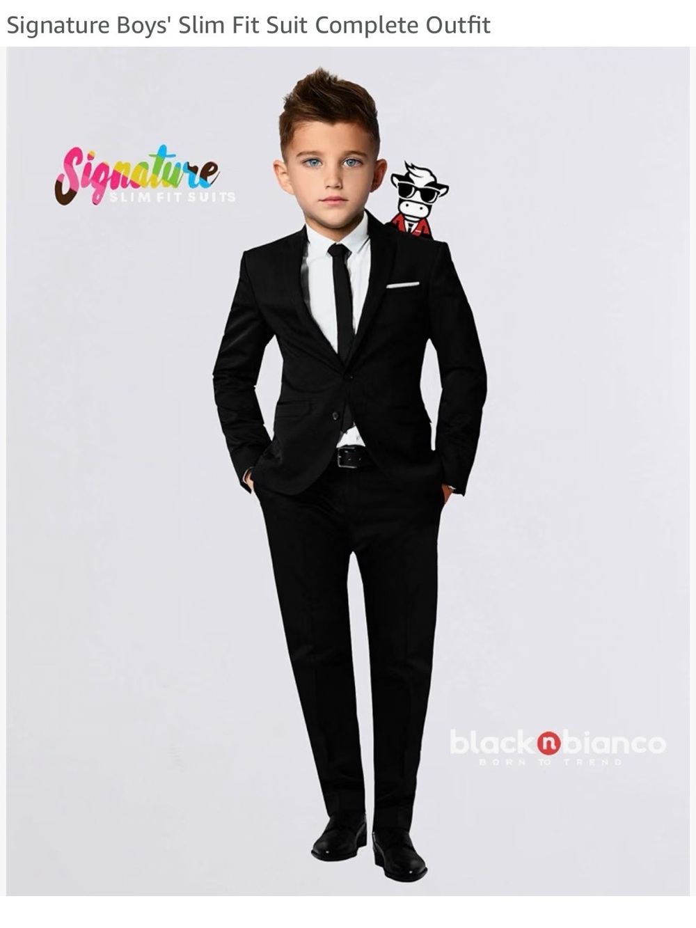 Black Bianco Boys Black Slim Fit Suit with White Shirt & Black Tie